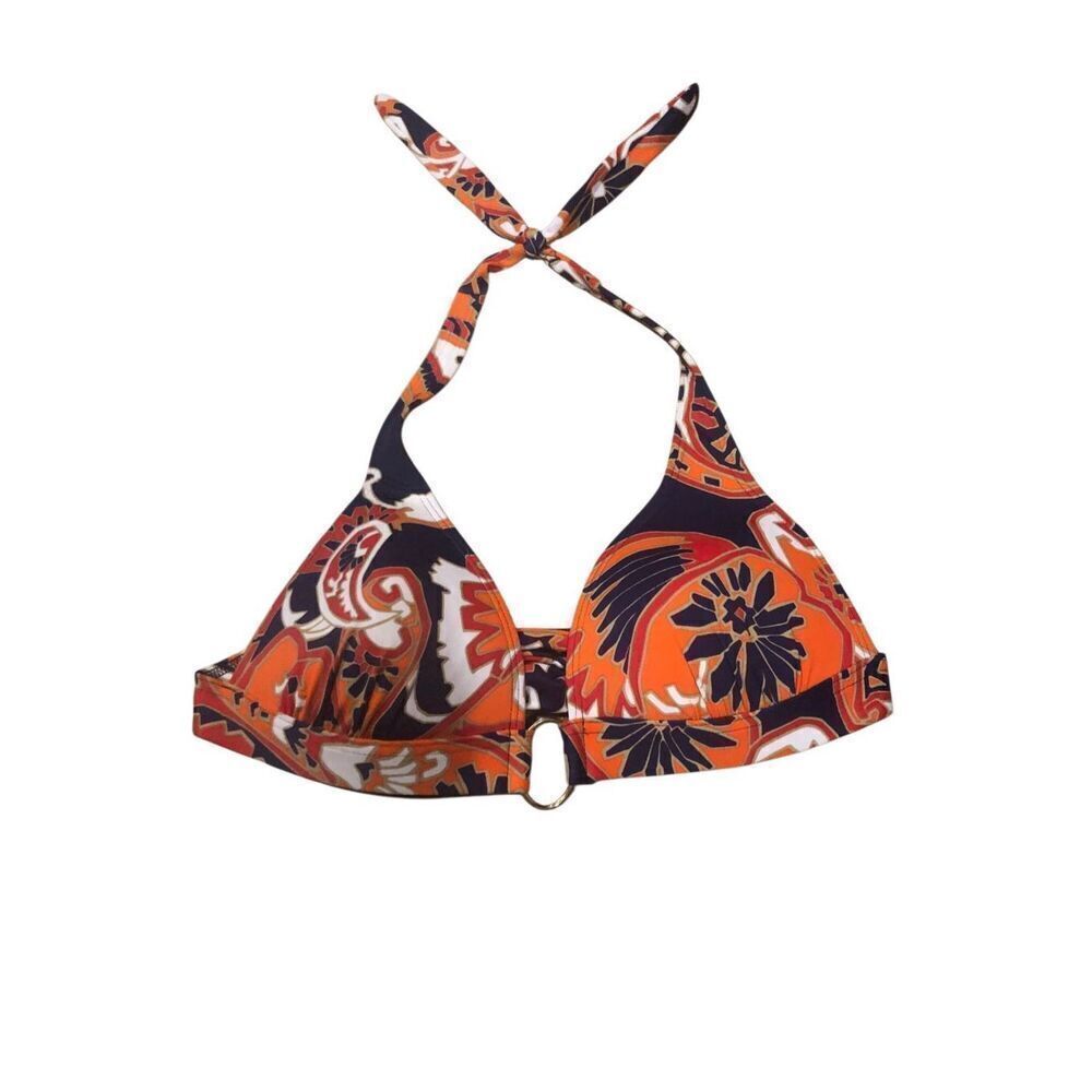 Victorias Secret bikini top orange background with navy blue and white colors wi